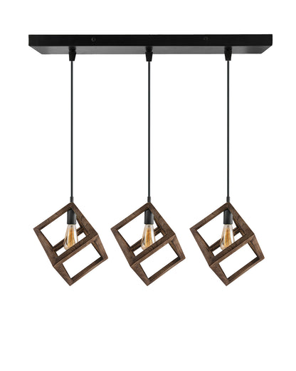 3-Lights Linear Cluster Chandelier Modern Nordic Walnut Finish Wooden Pendant Cube Light with Silicone Holder Pendant Light, Kitchen Area and Dining Room Light, LED/Filament Light