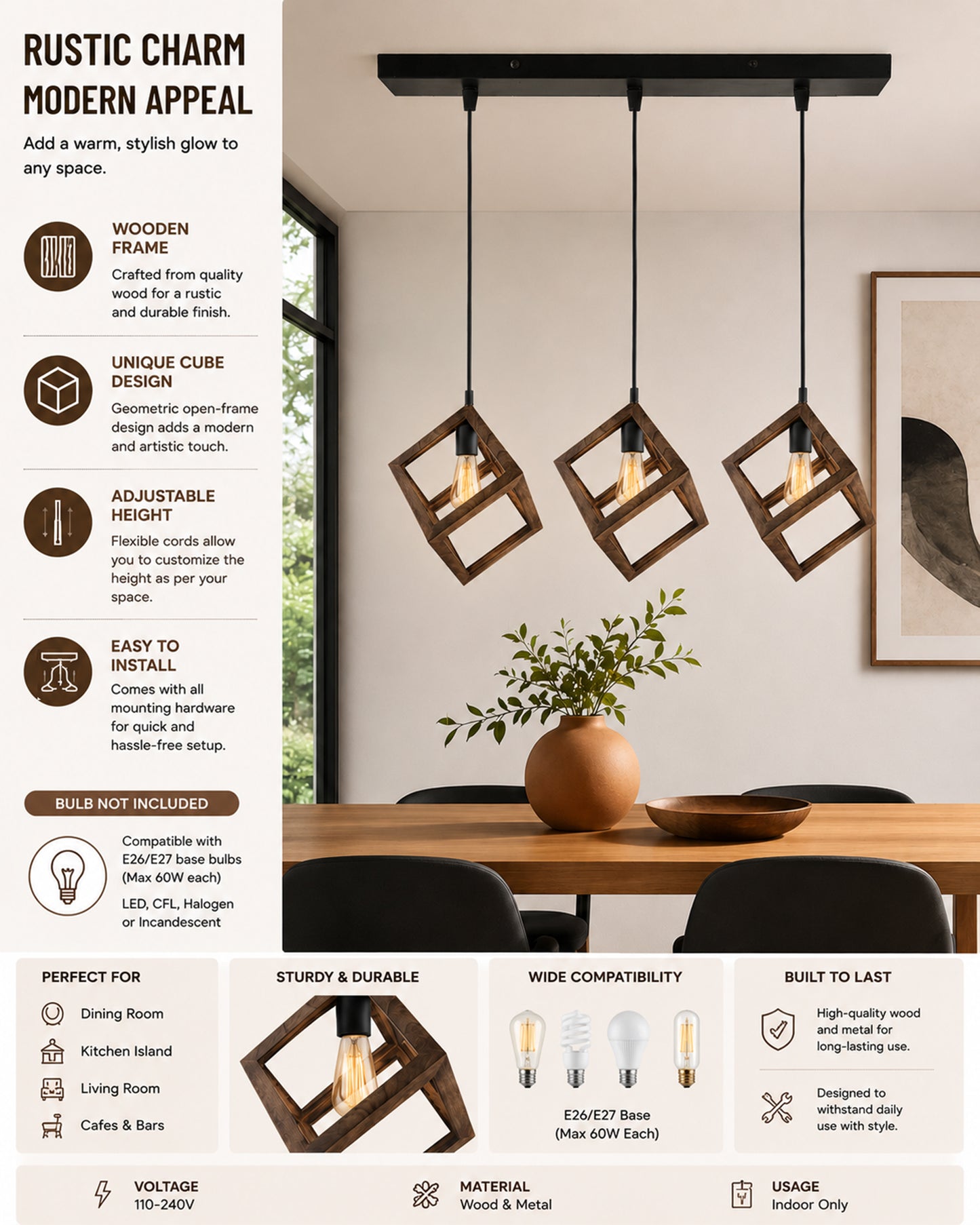 3-Lights Linear Cluster Chandelier Modern Nordic Walnut Finish Wooden Pendant Cube Light with Silicone Holder Pendant Light, Kitchen Area and Dining Room Light, LED/Filament Light