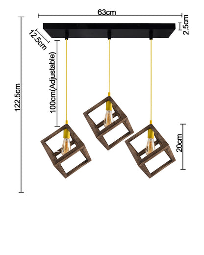 3-Lights Linear Cluster Chandelier Modern Nordic Walnut Finish Wooden Pendant Cube Light with Silicone Holder Pendant Light, Kitchen Area and Dining Room Light, LED/Filament Light