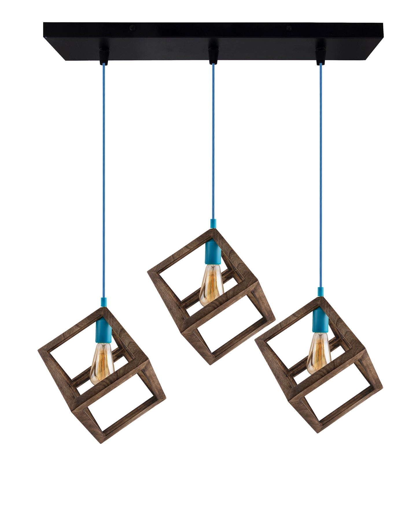 3-Lights Linear Cluster Chandelier Modern Nordic Walnut Finish Wooden Pendant Cube Light with Silicone Holder Pendant Light, Kitchen Area and Dining Room Light, LED/Filament Light