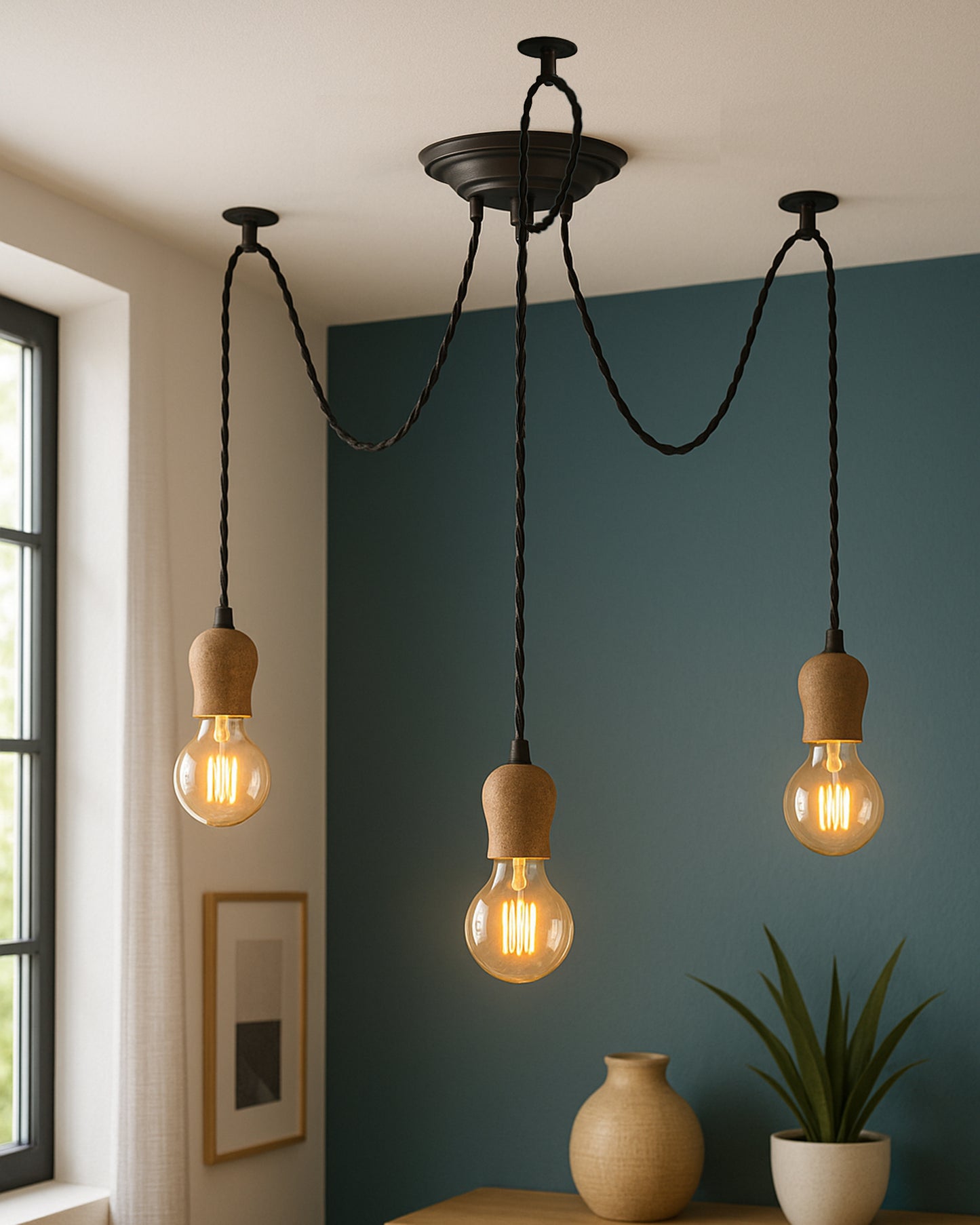 Arms Spider Chandelier Lamp, Natural Bubble Holder, Vintage Edison Style E 27 Adjustable DIY Ceiling Pendant Light, E27 Rustic Cluster Hanging Light(1.25 M, Black Twisted Wire)