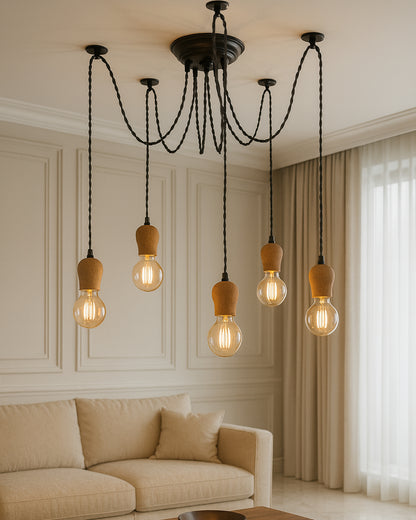 Arms Spider Chandelier Lamp, Natural Bubble Holder, Vintage Edison Style E 27 Adjustable DIY Ceiling Pendant Light, E27 Rustic Cluster Hanging Light(1.25 M, Black Twisted Wire)