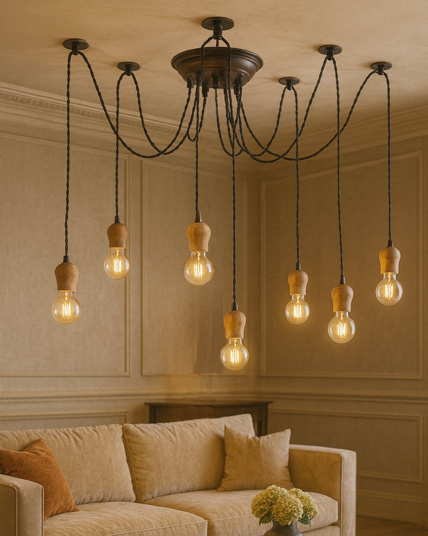 Arms Spider Chandelier Lamp, Natural Bubble Holder, Vintage Edison Style E 27 Adjustable DIY Ceiling Pendant Light, E27 Rustic Cluster Hanging Light(1.25 M, Black Twisted Wire)