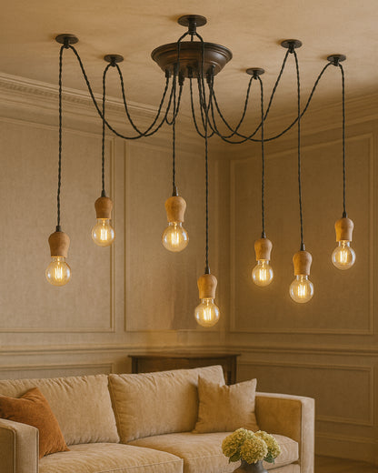 Arms Spider Chandelier Lamp, Natural Bubble Holder, Vintage Edison Style E 27 Adjustable DIY Ceiling Pendant Light, E27 Rustic Cluster Hanging Light(1.25 M, Black Twisted Wire)