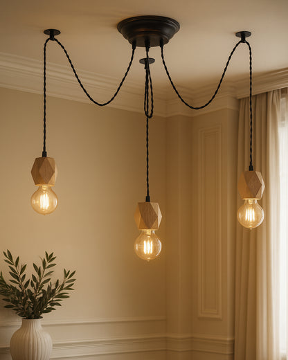 Arms Spider Chandelier Lamp, Natural Hexagon Holder, Vintage Edison Style E 27 Adjustable DIY Ceiling Pendant Light, E27 Rustic Cluster Hanging Light(1.25 M, Black Twisted Wire)