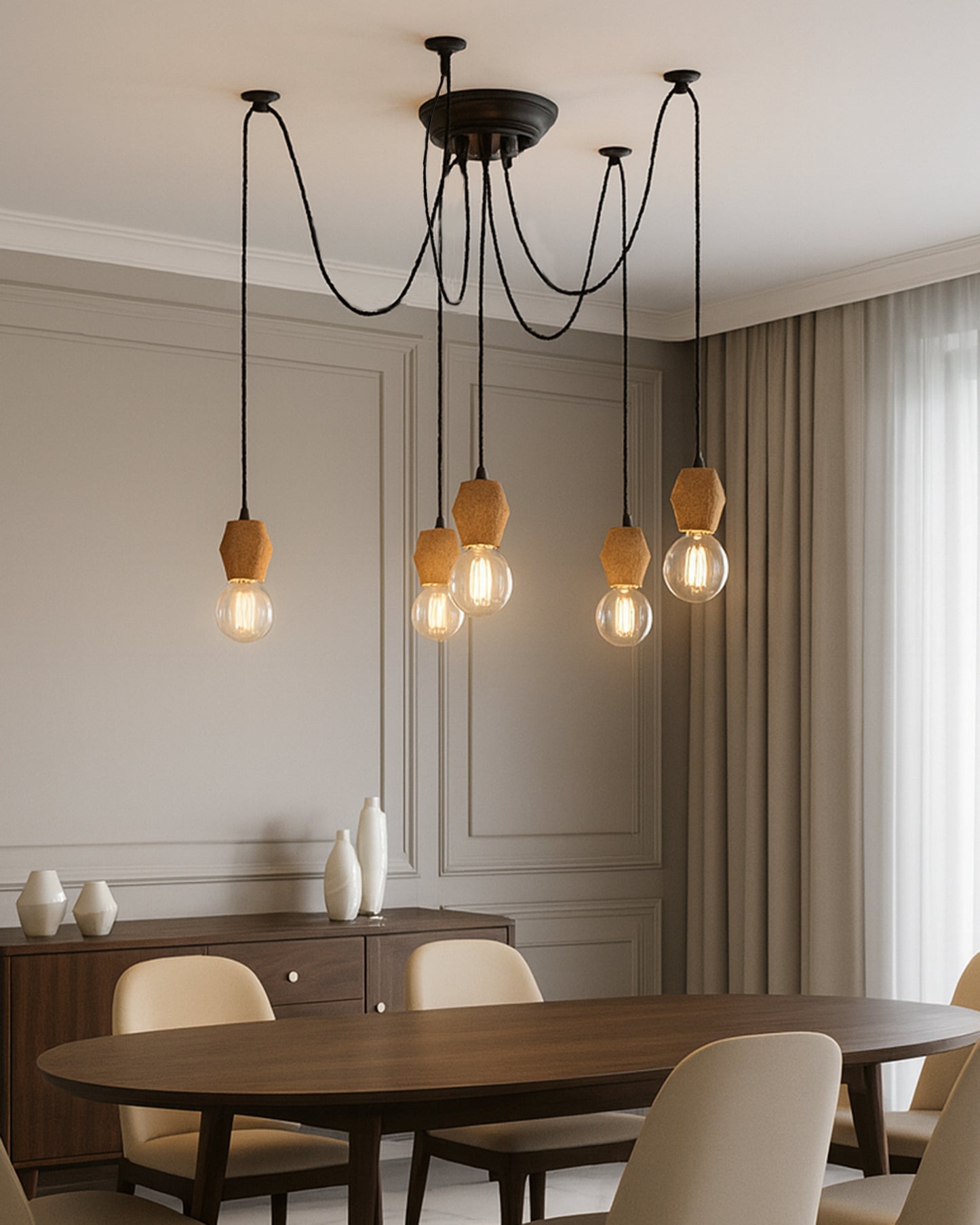 Arms Spider Chandelier Lamp, Natural Hexagon Holder, Vintage Edison Style E 27 Adjustable DIY Ceiling Pendant Light, E27 Rustic Cluster Hanging Light(1.25 M, Black Twisted Wire)