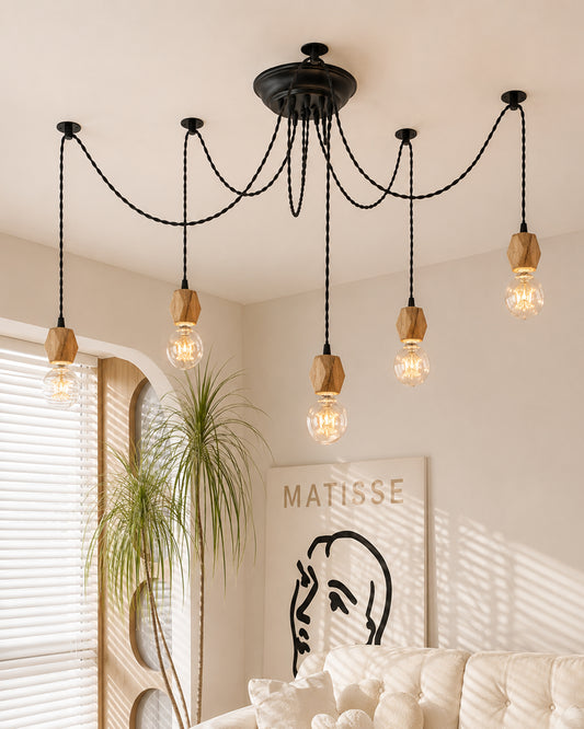 Arms Spider Chandelier Lamp, Natural Hexagon Holder, Vintage Edison Style E 27 Adjustable DIY Ceiling Pendant Light, E27 Rustic Cluster Hanging Light(1.25 M, Black Twisted Wire)