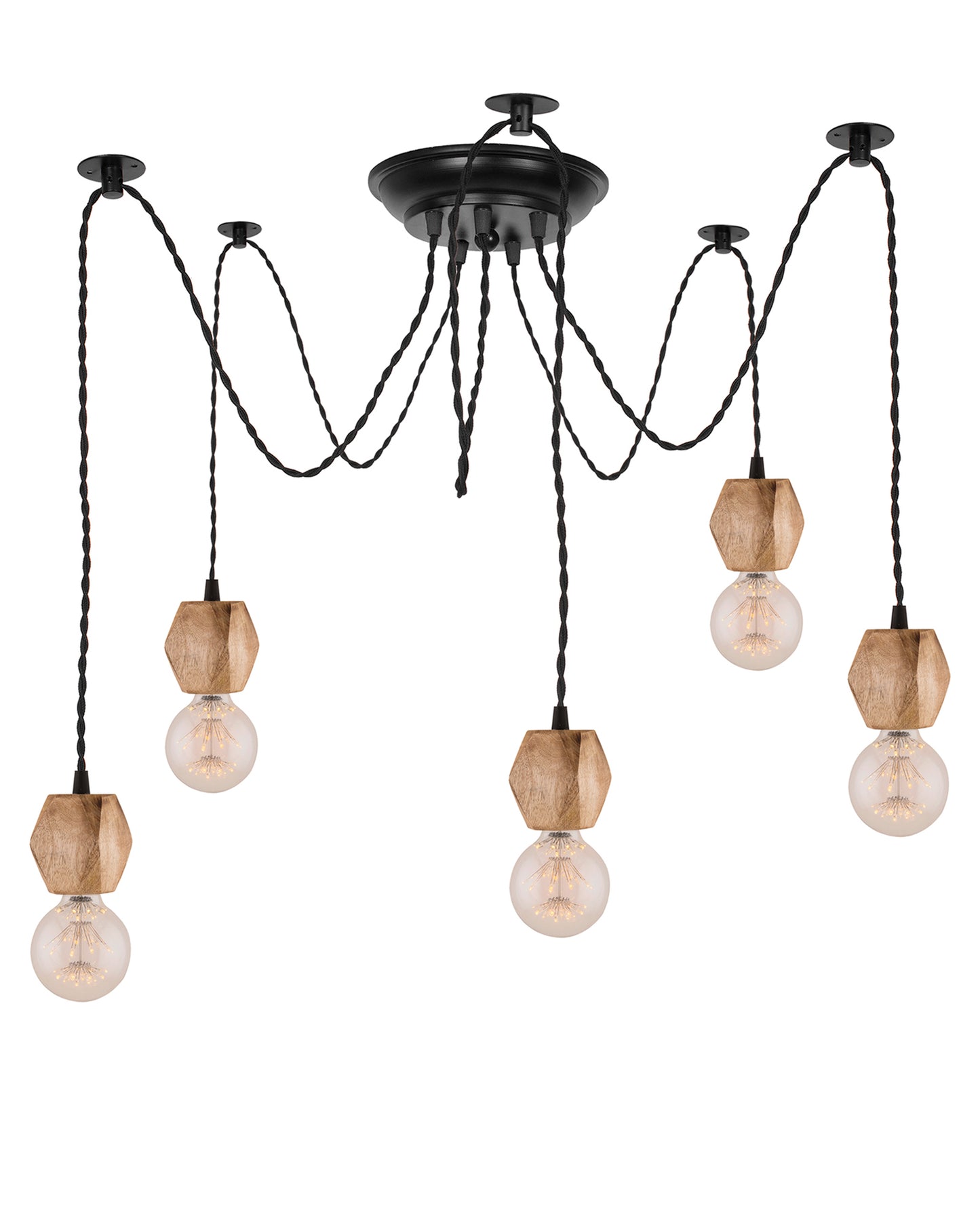 Arms Spider Chandelier Lamp, Natural Hexagon Holder, Vintage Edison Style E 27 Adjustable DIY Ceiling Pendant Light, E27 Rustic Cluster Hanging Light(1.25 M, Black Twisted Wire)