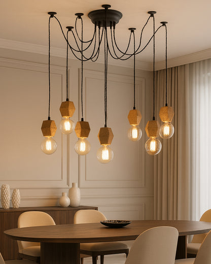 Arms Spider Chandelier Lamp, Natural Hexagon Holder, Vintage Edison Style E 27 Adjustable DIY Ceiling Pendant Light, E27 Rustic Cluster Hanging Light(1.25 M, Black Twisted Wire)