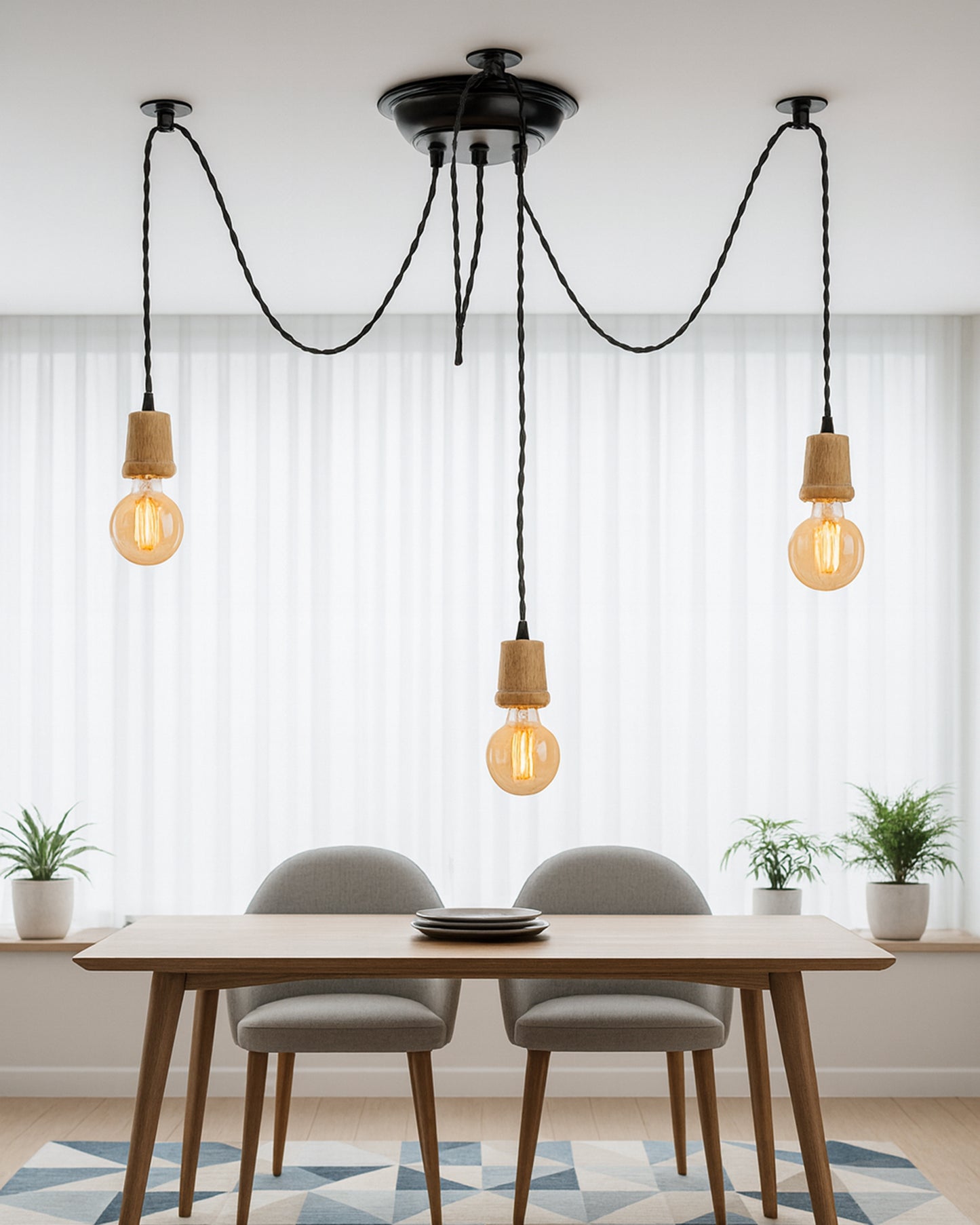 Arms Spider Chandelier Lamp, Natural Taper Holder, Vintage Edison Style E 27 Adjustable DIY Ceiling Pendant Light, E27 Rustic Cluster Hanging Light(1.25 M, Black Twisted Wire)