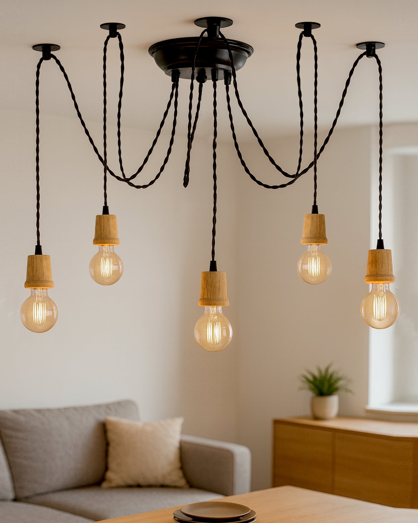 Arms Spider Chandelier Lamp, Natural Taper Holder, Vintage Edison Style E 27 Adjustable DIY Ceiling Pendant Light, E27 Rustic Cluster Hanging Light(1.25 M, Black Twisted Wire)