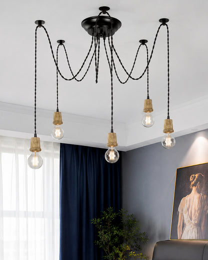Arms Spider Chandelier Lamp, Natural Taper Holder, Vintage Edison Style E 27 Adjustable DIY Ceiling Pendant Light, E27 Rustic Cluster Hanging Light(1.25 M, Black Twisted Wire)