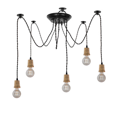 Arms Spider Chandelier Lamp, Natural Taper Holder, Vintage Edison Style E 27 Adjustable DIY Ceiling Pendant Light, E27 Rustic Cluster Hanging Light(1.25 M, Black Twisted Wire)