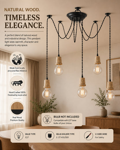 Arms Spider Chandelier Lamp, Natural Taper Holder, Vintage Edison Style E 27 Adjustable DIY Ceiling Pendant Light, E27 Rustic Cluster Hanging Light(1.25 M, Black Twisted Wire)