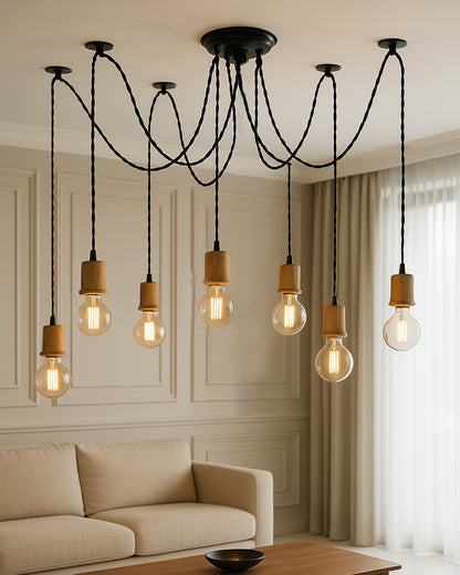 Arms Spider Chandelier Lamp, Natural Taper Holder, Vintage Edison Style E 27 Adjustable DIY Ceiling Pendant Light, E27 Rustic Cluster Hanging Light(1.25 M, Black Twisted Wire)