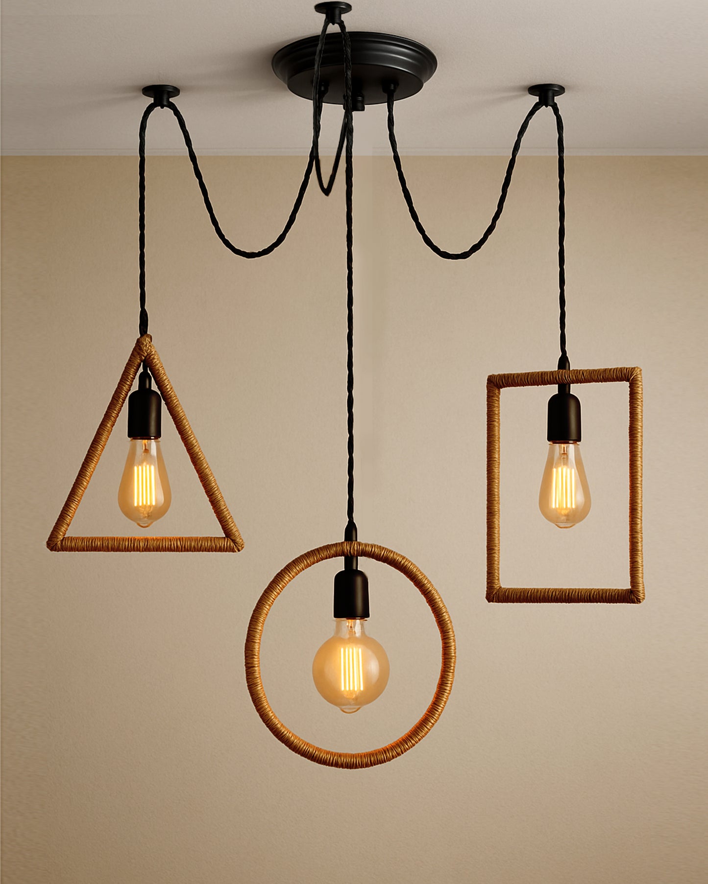 Arms Spider Chandelier Lamp, Triangle, Rectangle & Circle Metal Rope Lamp, Vintage Edison Style E 27 Adjustable DIY Ceiling Pendant Light, E27 Rustic Cluster Hanging Light(1.25 M, Black Twisted Wire)