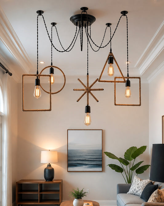 Arms Spider Chandelier Lamp, Triangle, Rectangle & Circle Metal Rope Lamp, Vintage Edison Style E 27 Adjustable DIY Ceiling Pendant Light, E27 Rustic Cluster Hanging Light(1.25 M, Black Twisted Wire)
