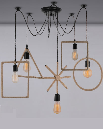 Arms Spider Chandelier Lamp, Triangle, Rectangle & Circle Metal Rope Lamp, Vintage Edison Style E 27 Adjustable DIY Ceiling Pendant Light, E27 Rustic Cluster Hanging Light(1.25 M, Black Twisted Wire)