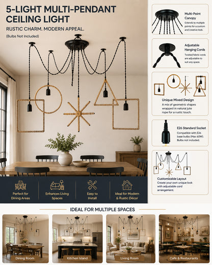 Arms Spider Chandelier Lamp, Triangle, Rectangle & Circle Metal Rope Lamp, Vintage Edison Style E 27 Adjustable DIY Ceiling Pendant Light, E27 Rustic Cluster Hanging Light(1.25 M, Black Twisted Wire)