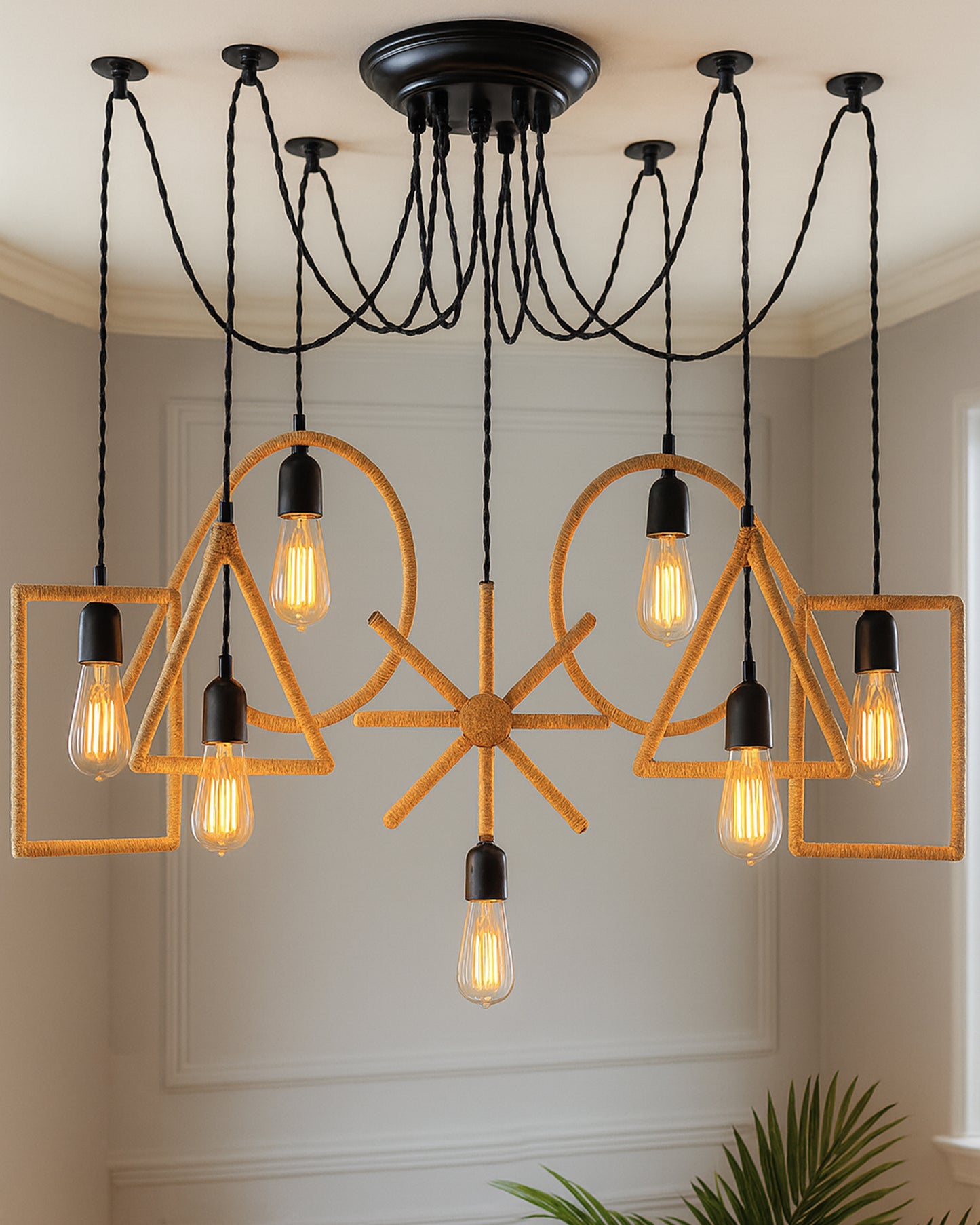 Arms Spider Chandelier Lamp, Triangle, Rectangle & Circle Metal Rope Lamp, Vintage Edison Style E 27 Adjustable DIY Ceiling Pendant Light, E27 Rustic Cluster Hanging Light(1.25 M, Black Twisted Wire)