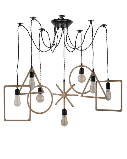 Arms Spider Chandelier Lamp, Triangle, Rectangle & Circle Metal Rope Lamp, Vintage Edison Style E 27 Adjustable DIY Ceiling Pendant Light, E27 Rustic Cluster Hanging Light(1.25 M, Black Twisted Wire)