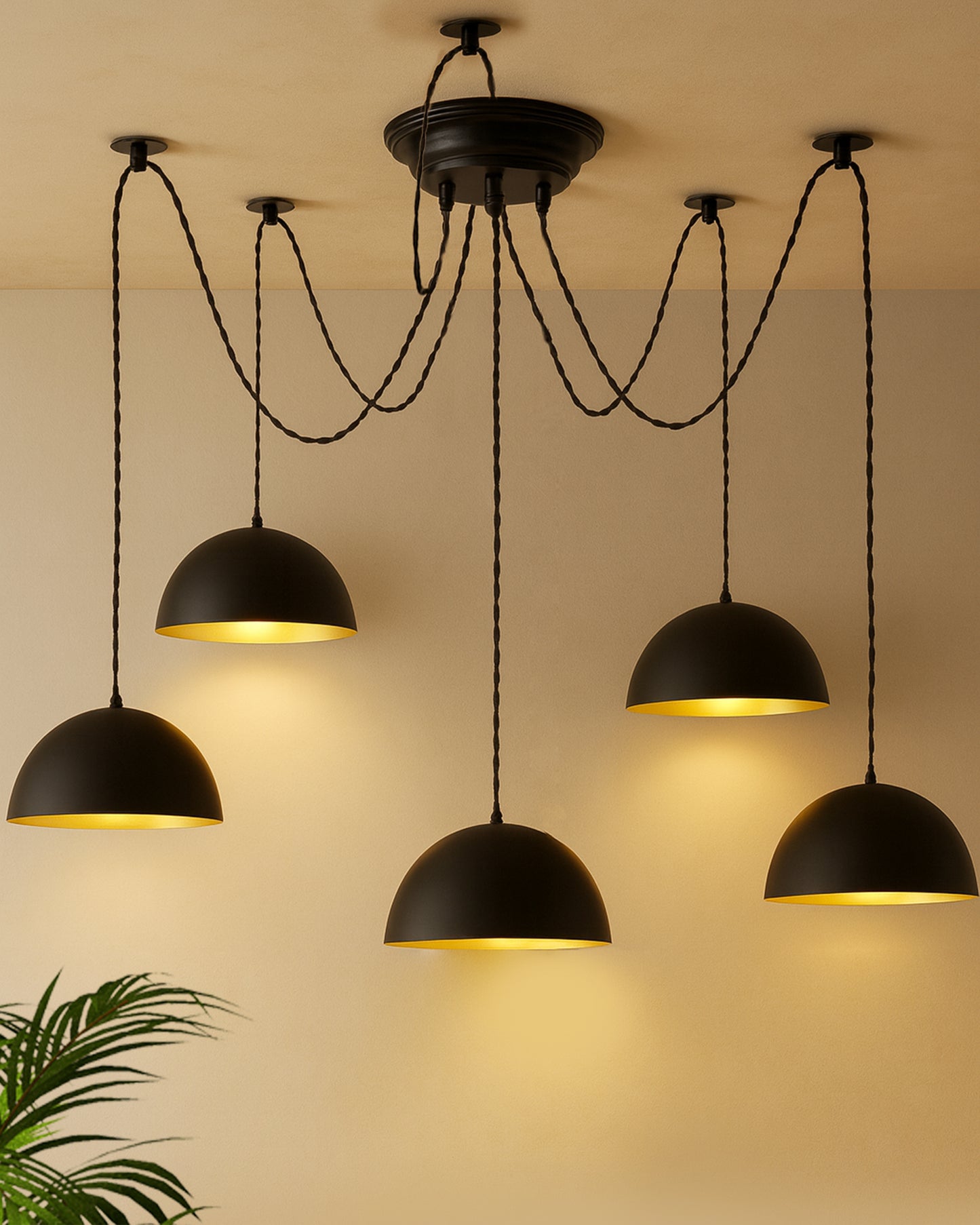 Arms Spider Chandelier Lamp, 8" Black Semi-Globe Pendant Lamp, Vintage Edison Style E 27 Adjustable DIY Ceiling Pendant Light, E27 Rustic Cluster Hanging Light(1.25 M, Black Twisted Wire)