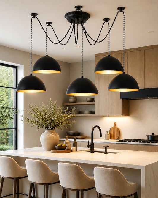 Arms Spider Chandelier Lamp, 8" Black Semi-Globe Pendant Lamp, Vintage Edison Style E 27 Adjustable DIY Ceiling Pendant Light, E27 Rustic Cluster Hanging Light(1.25 M, Black Twisted Wire)