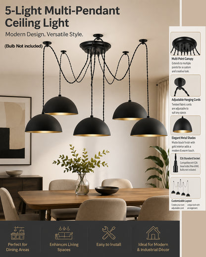 Arms Spider Chandelier Lamp, 8" Black Semi-Globe Pendant Lamp, Vintage Edison Style E 27 Adjustable DIY Ceiling Pendant Light, E27 Rustic Cluster Hanging Light(1.25 M, Black Twisted Wire)