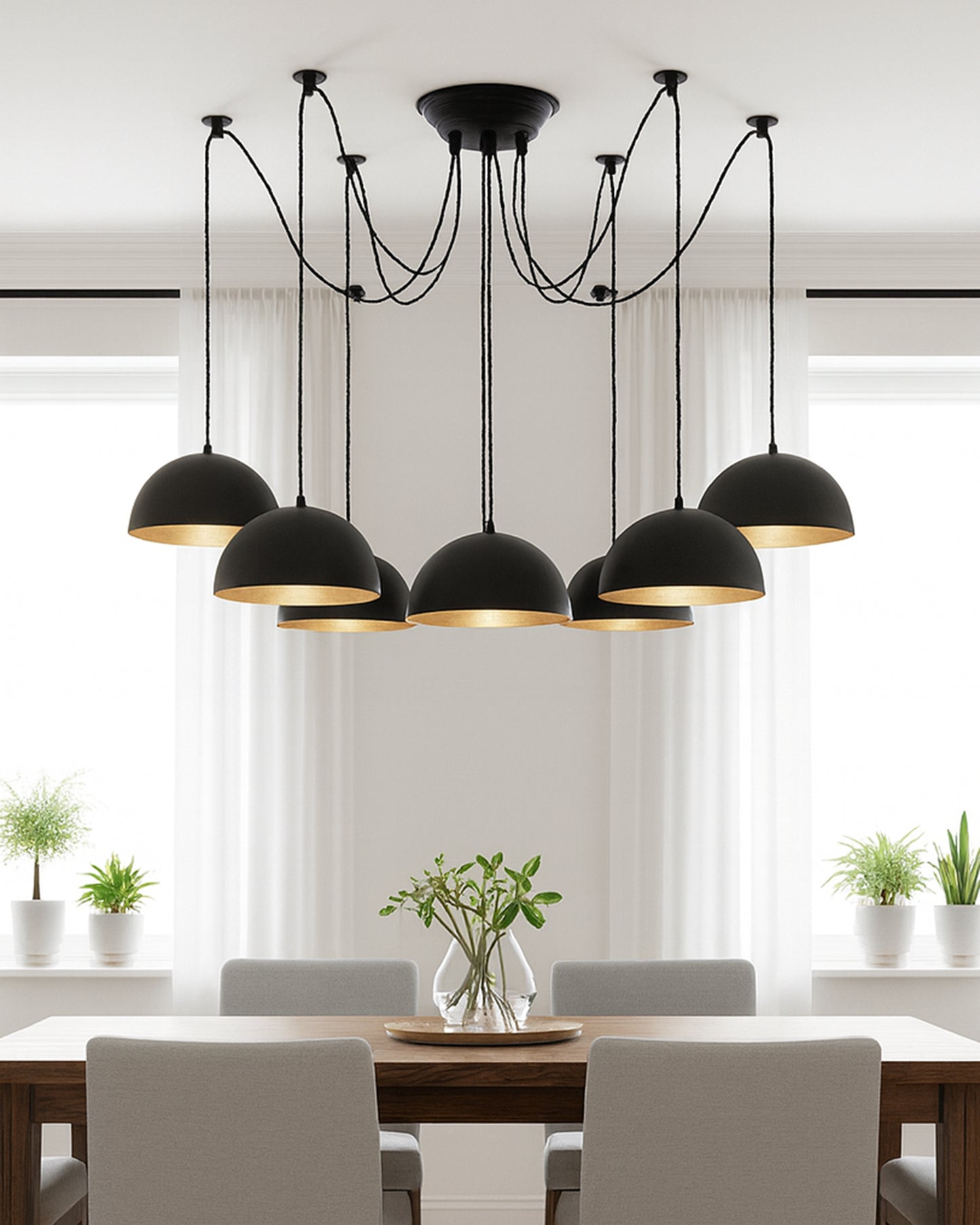 Arms Spider Chandelier Lamp, 8" Black Semi-Globe Pendant Lamp, Vintage Edison Style E 27 Adjustable DIY Ceiling Pendant Light, E27 Rustic Cluster Hanging Light(1.25 M, Black Twisted Wire)