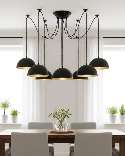 Arms Spider Chandelier Lamp, 8" Black Semi-Globe Pendant Lamp, Vintage Edison Style E 27 Adjustable DIY Ceiling Pendant Light, E27 Rustic Cluster Hanging Light(1.25 M, Black Twisted Wire)