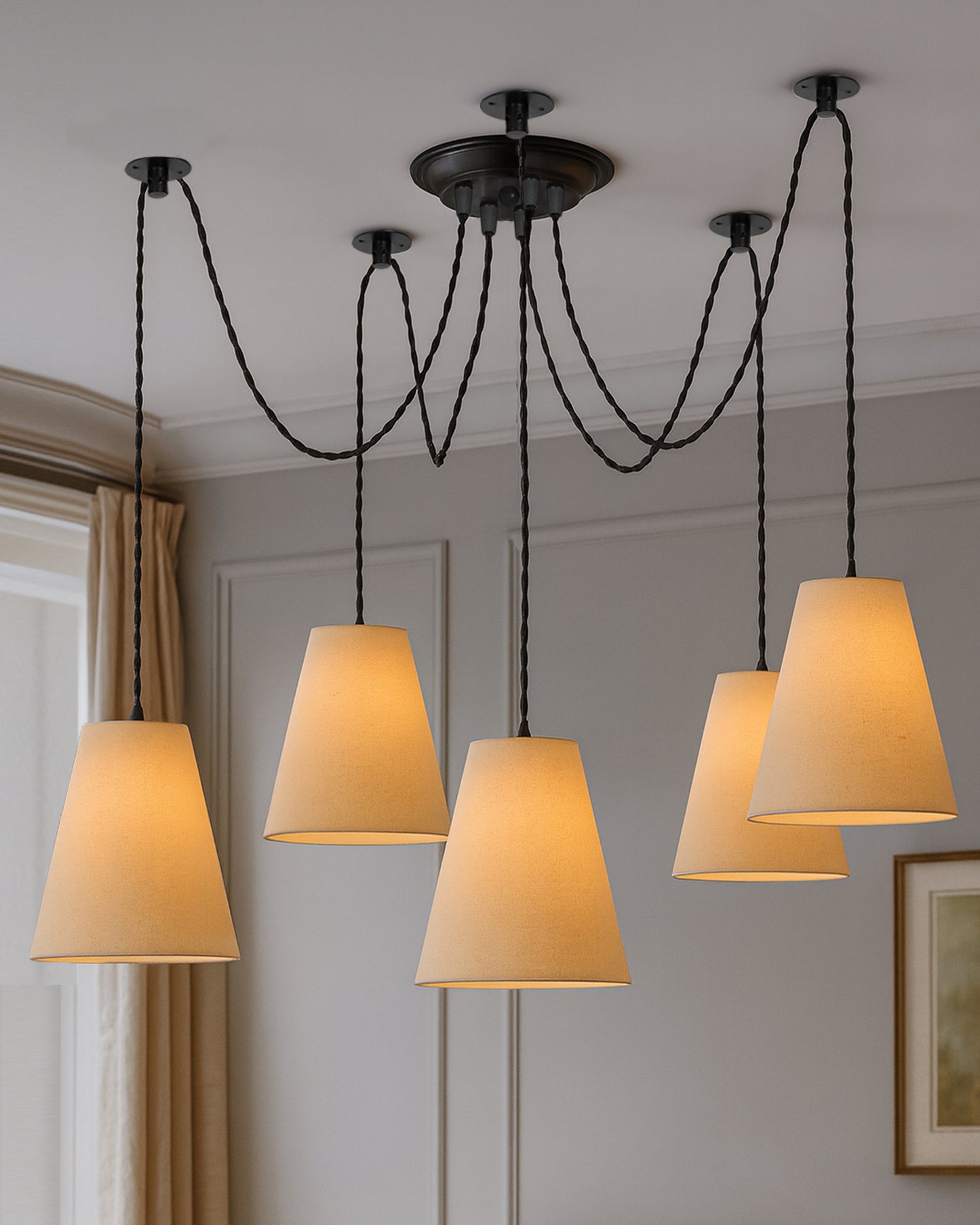 3 Arms Spider Chandelier Lamp, Fabric Cone Shade, Vintage Edison Style E 27 Adjustable DIY Ceiling Pendant Light, E27 Rustic Cluster Hanging Light(1.25 M, Black Twisted Wire)
