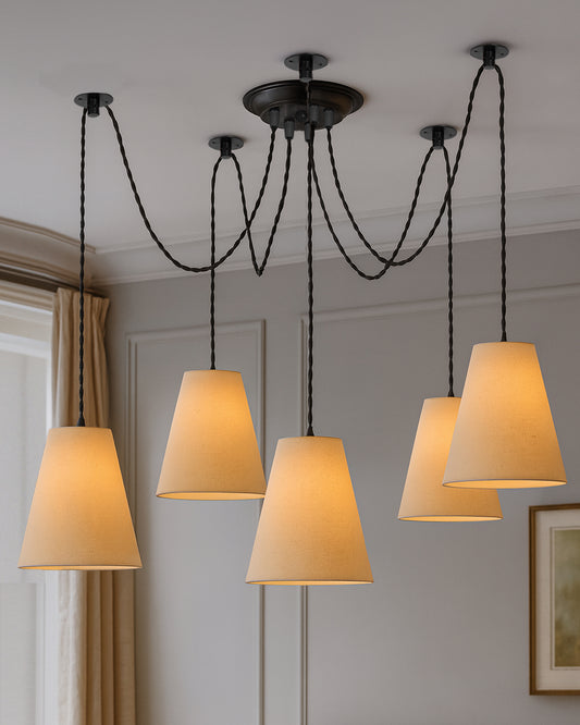 3 Arms Spider Chandelier Lamp, Fabric Cone Shade, Vintage Edison Style E 27 Adjustable DIY Ceiling Pendant Light, E27 Rustic Cluster Hanging Light(1.25 M, Black Twisted Wire)