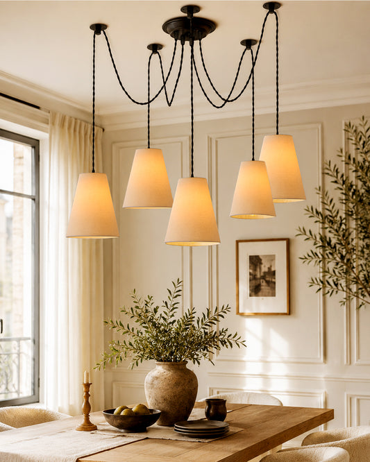 3 Arms Spider Chandelier Lamp, Fabric Cone Shade, Vintage Edison Style E 27 Adjustable DIY Ceiling Pendant Light, E27 Rustic Cluster Hanging Light(1.25 M, Black Twisted Wire)