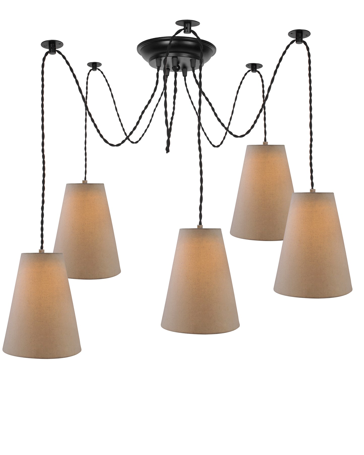 3 Arms Spider Chandelier Lamp, Fabric Cone Shade, Vintage Edison Style E 27 Adjustable DIY Ceiling Pendant Light, E27 Rustic Cluster Hanging Light(1.25 M, Black Twisted Wire)