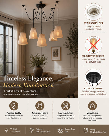 3 Arms Spider Chandelier Lamp, Fabric Cone Shade, Vintage Edison Style E 27 Adjustable DIY Ceiling Pendant Light, E27 Rustic Cluster Hanging Light(1.25 M, Black Twisted Wire)