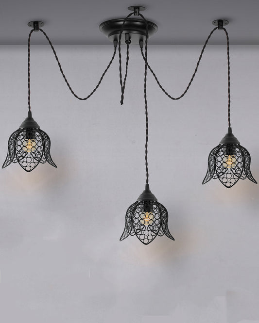 3 Arms Spider Chandelier Lamp, Vintage Edison Style E 27 Adjustable DIY Ceiling Pendant Light, E27 Rustic Cluster Hanging Light(1.25 M, Black Twisted Wire)