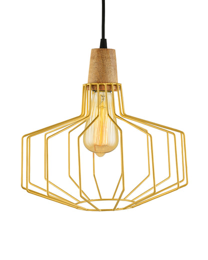 Industrial Loft Golden Metal Pitcher Cage Wood Art Pendant, Hanging Ceiling Lights, Edison Vintage light