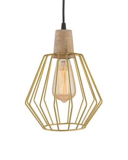Industrial Loft Golden Metal Cubist Cage Wood Art Pendant, Hanging Ceiling Lights, Edison Vintage light