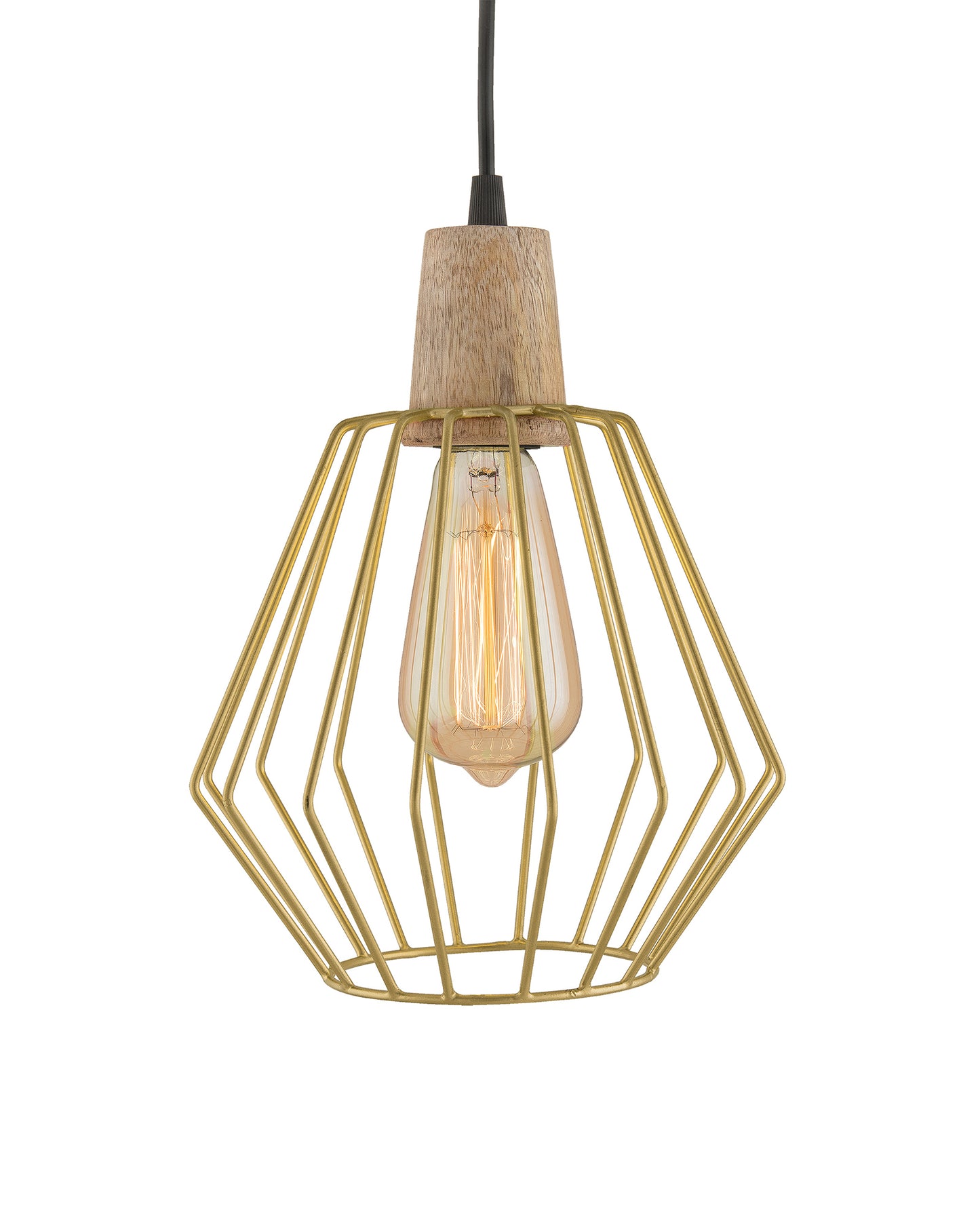 Industrial Loft Golden Metal Cubist Cage Wood Art Pendant, Hanging Ceiling Lights, Edison Vintage light