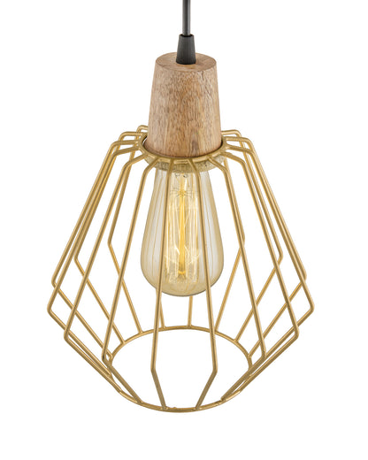 Industrial Loft Golden Metal Cubist Cage Wood Art Pendant, Hanging Ceiling Lights, Edison Vintage light