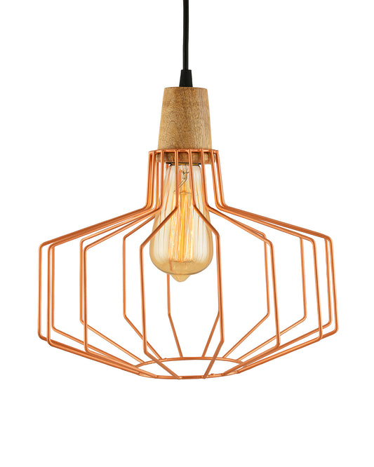 Industrial Loft Copper Metal Pitcher Cage Wood Art Pendant, Hanging Ceiling Lights, Edison Vintage light