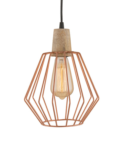 Industrial Loft Copper Metal Cubist Cage Wood Art Pendant, Hanging Ceiling Lights, Edison Vintage light