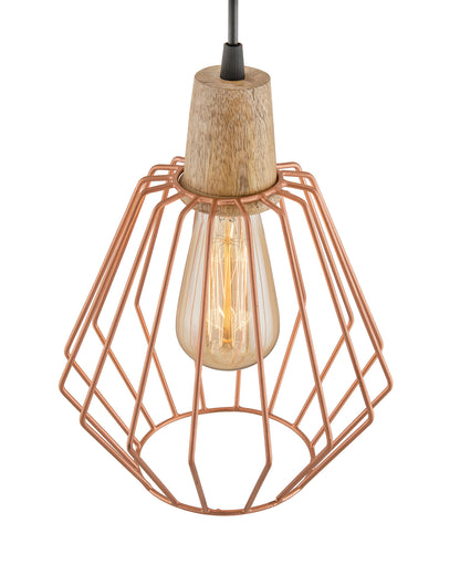 Industrial Loft Copper Metal Cubist Cage Wood Art Pendant, Hanging Ceiling Lights, Edison Vintage light