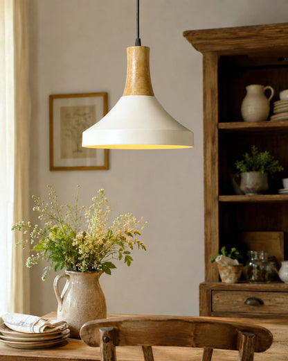Parker Metal Wood Pendant Light, White Metal Natural Hanging Ceiling Light