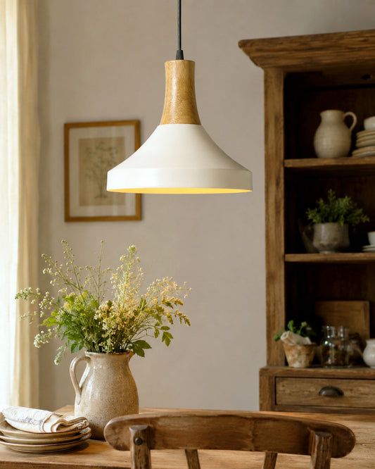 Parker Metal Wood Pendant Light, White Metal Natural Hanging Ceiling Light