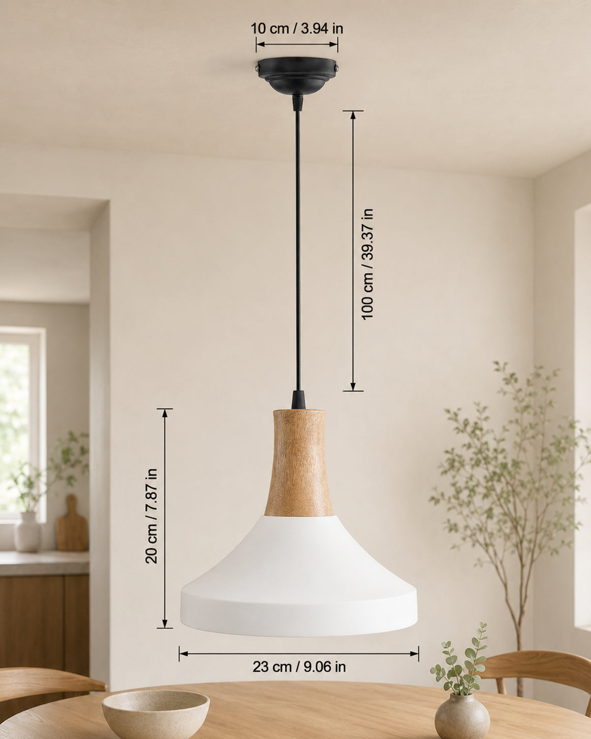 Parker Metal Wood Pendant Light, White Metal Natural Hanging Ceiling Light