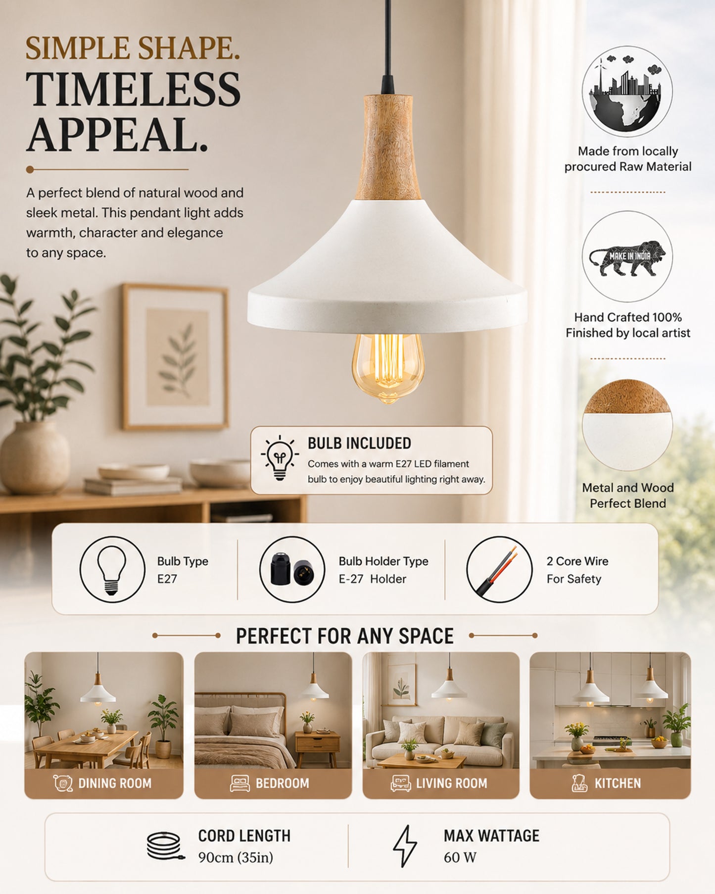 Parker Metal Wood Pendant Light, White Metal Natural Hanging Ceiling Light