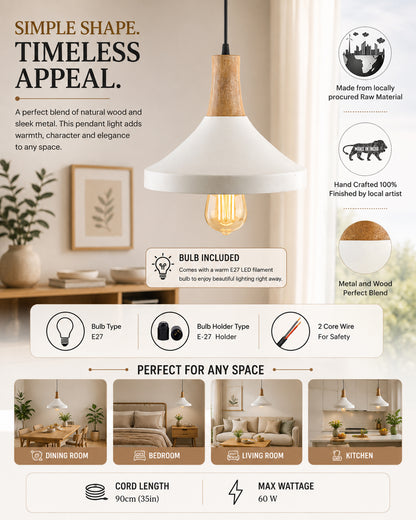 Parker Metal Wood Pendant Light, White Metal Natural Hanging Ceiling Light