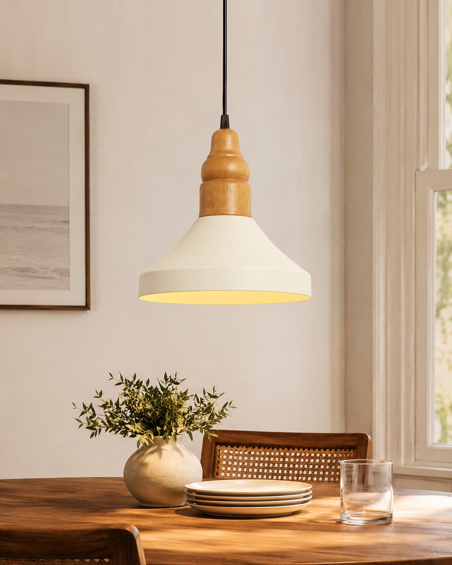 Parker Metal Wood Pendant Light, White Metal Natural Hanging Ceiling Light