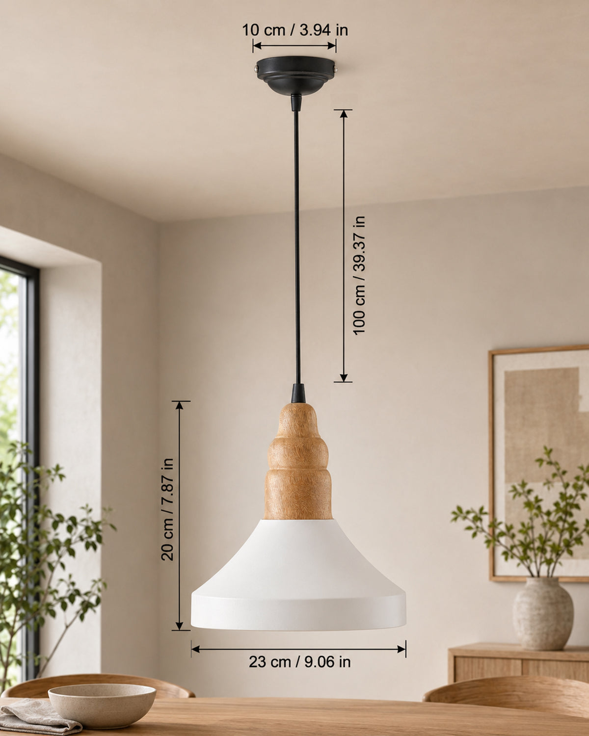 Parker Metal Wood Pendant Light, White Metal Natural Hanging Ceiling Light